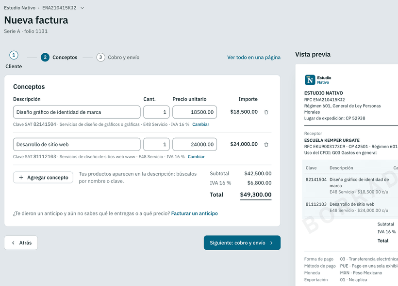 Nueva factura de Estudio Nativo, paso 2 de 3: dos conceptos, «Diseño gráfico de identidad de marca» por $18,500.00 y «Desarrollo de sitio web» por $24,000.00, cada uno con su clave del SAT ya puesta, total $49,300.00, y a la derecha la vista previa del PDF con el receptor y los conceptos.