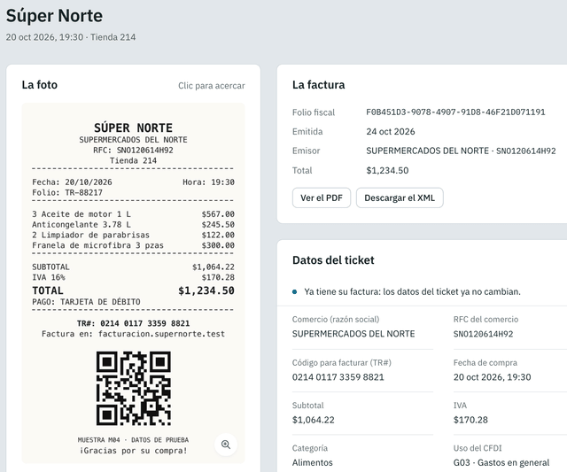 Ticket de Súper Norte del 20 de octubre: a la izquierda la foto del ticket con el RFC del comercio, el folio TR-88217 y el total de $1,234.50; a la derecha «La factura» que ya llegó, con su folio fiscal, el emisor y los botones «Ver el PDF» y «Descargar el XML».